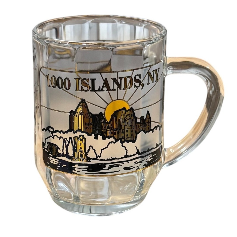 1000 ISLANDS NY Souvenir Glass Mug Boldt Castle Clear Made In USA Collectible